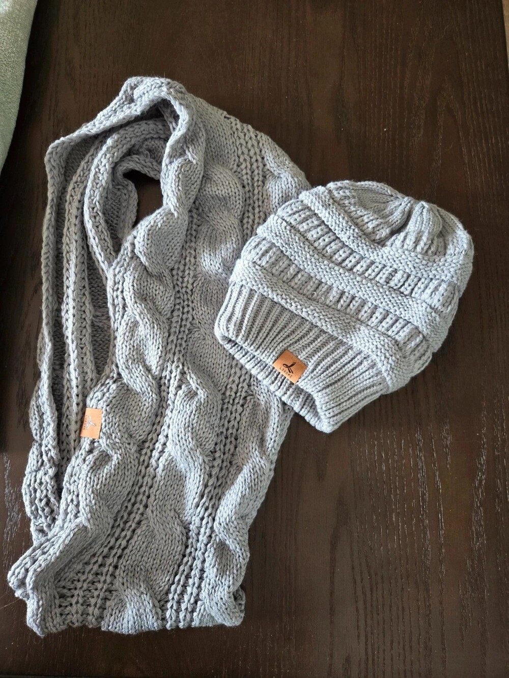 Lorone Gray Cable Knit Infinity Scarf and Fleece-Lined Beanie Set